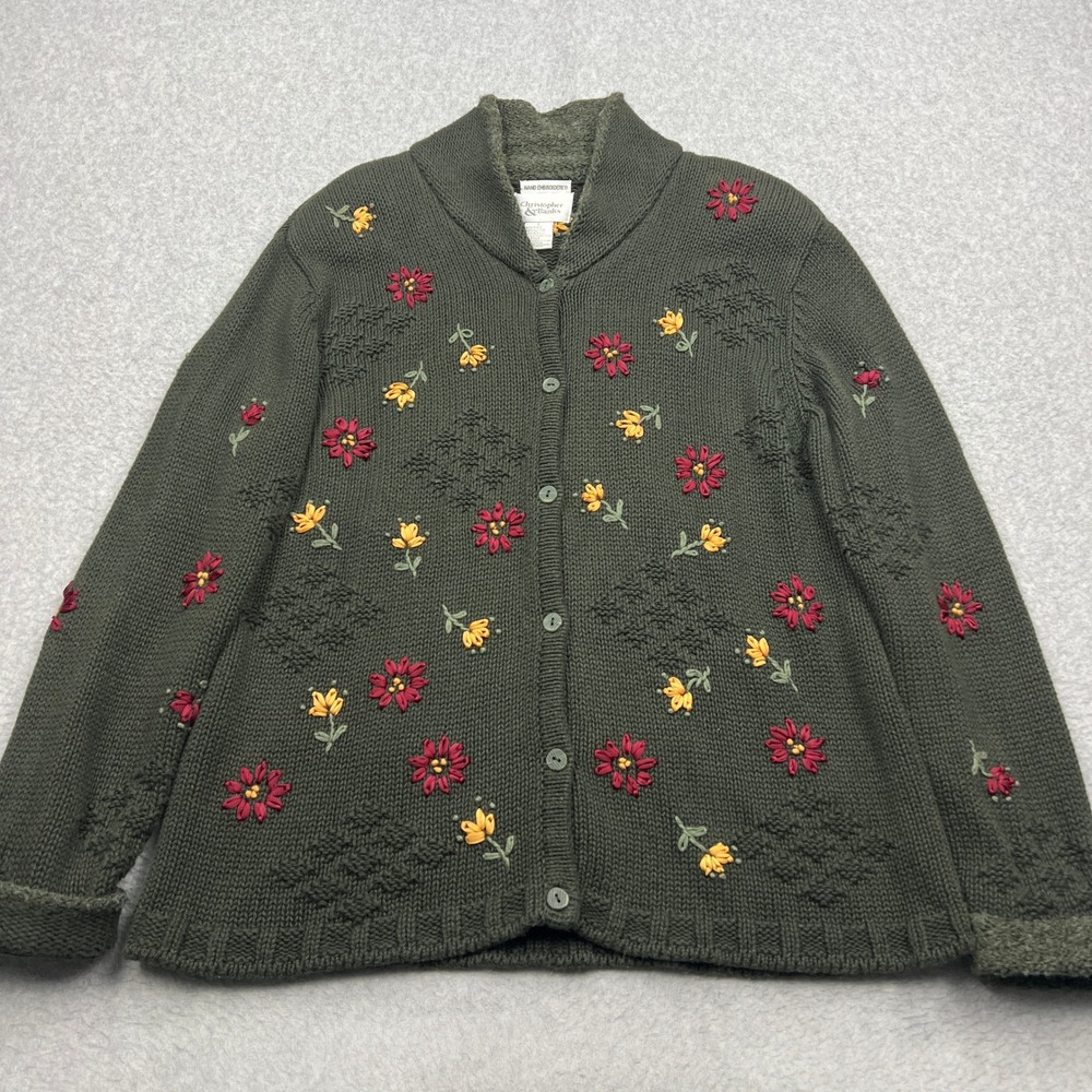 Christopher & Banks Sweater Women's Large Green Floral Hand Embroidered Cardigan